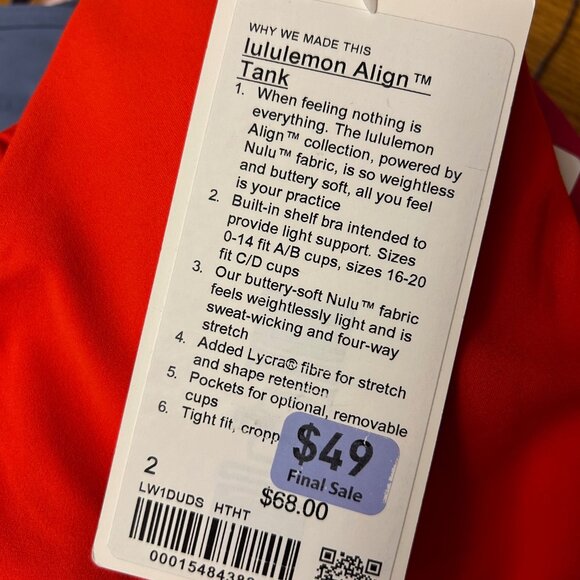 NWT Lululemon Align Tank Top *Light Support, A/B Cup Hot Heat Size 2 - Picture 6 of 9